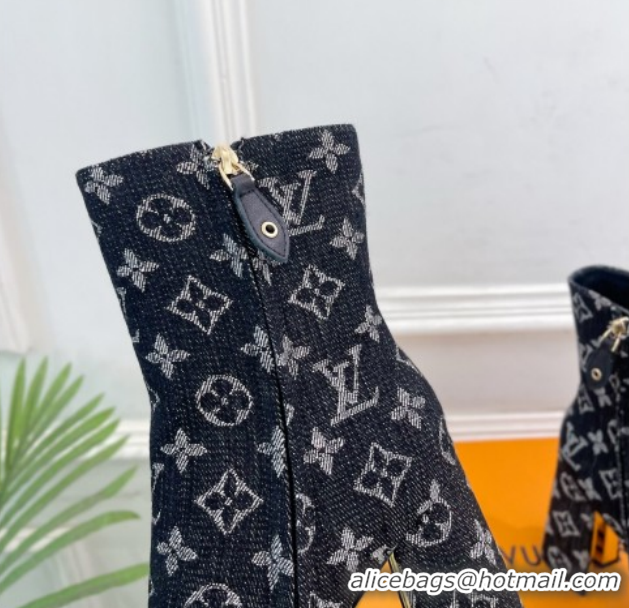 Luxurious Louis Vuitton Swing Heel Platform Ankle Boots 11cm in Monogram Denim Black 1AID09 1021121