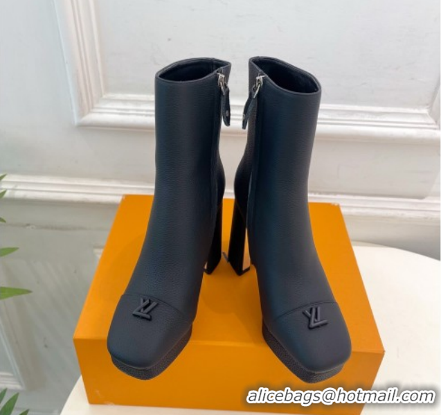Top Grade Louis Vuitton Swing Heel Platform Ankle Boots 11cm in Matte Leather All Black 1AID09 1021126