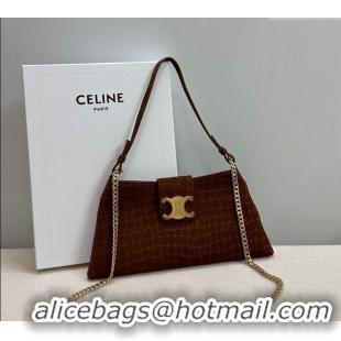 Luxury Cheap Celine Triomphe Chain Bag in Crocodile Embossed Suede 113673 Brown 2025