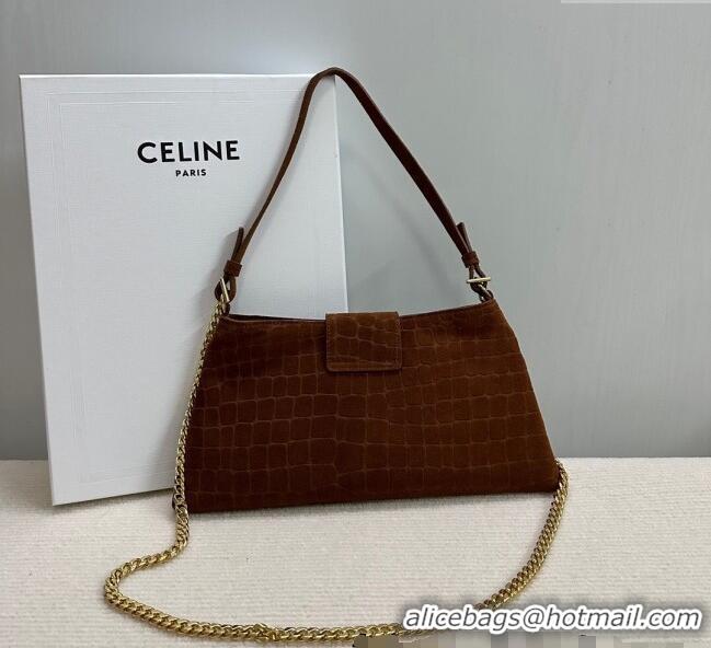 Luxury Cheap Celine Triomphe Chain Bag in Crocodile Embossed Suede 113673 Brown 2025