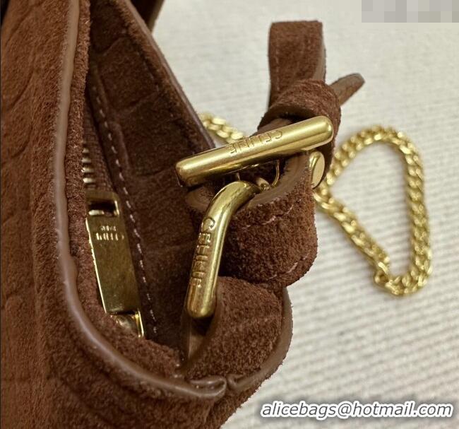 Luxury Cheap Celine Triomphe Chain Bag in Crocodile Embossed Suede 113673 Brown 2025