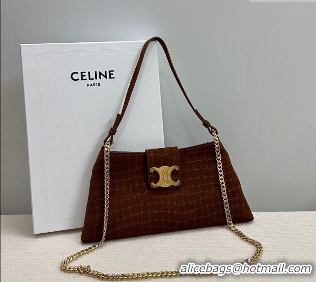 Luxury Cheap Celine Triomphe Chain Bag in Crocodile Embossed Suede 113673 Brown 2025