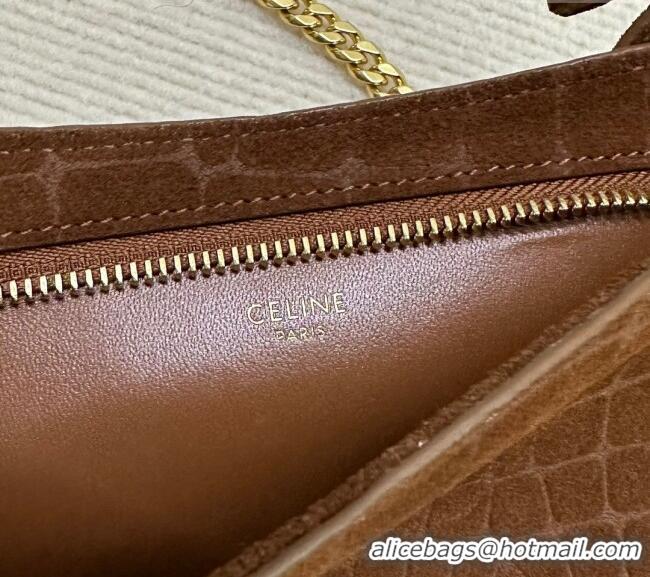 Luxury Cheap Celine Triomphe Chain Bag in Crocodile Embossed Suede 113673 Brown 2025