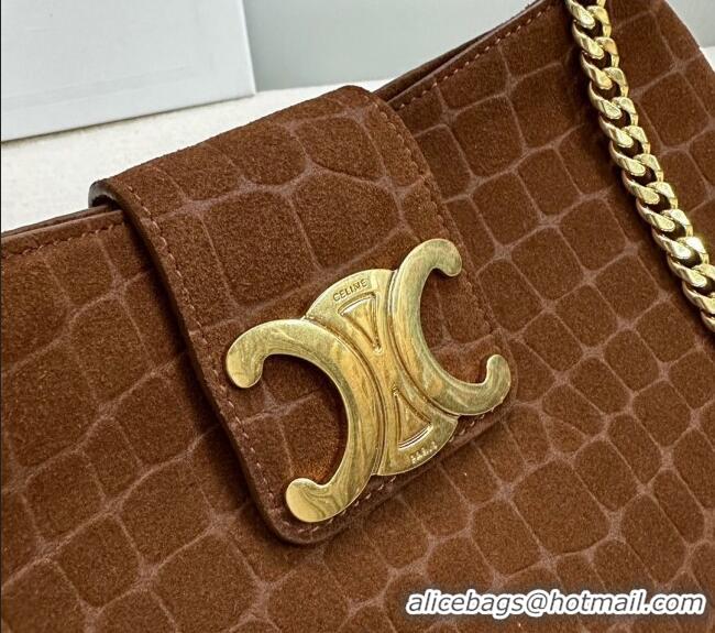 Luxury Cheap Celine Triomphe Chain Bag in Crocodile Embossed Suede 113673 Brown 2025
