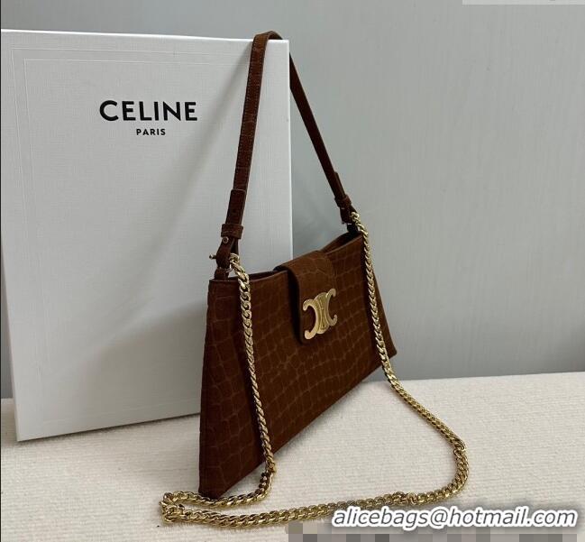 Luxury Cheap Celine Triomphe Chain Bag in Crocodile Embossed Suede 113673 Brown 2025