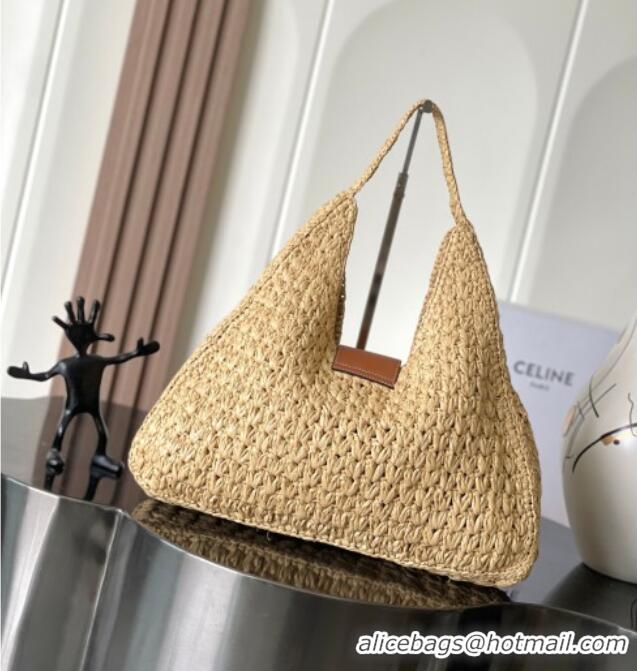 Good Quality Celine Classic Panier Cabas Triangle bag in Raffia Straw and Calfskin 119772 Beige 2025