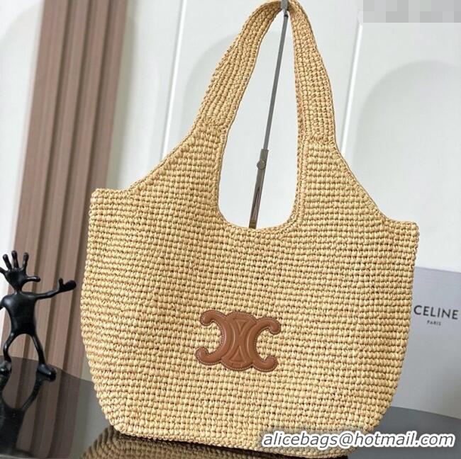 Modern Discount Celine Classic Panier Shopper Cabas bag in Raffia Straw and Calfskin 119632 Beige 2025