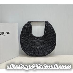 Original Cheap Celine Classic Panier Hobo bag in Raffia Straw and Calfskin 112772 Black 2025