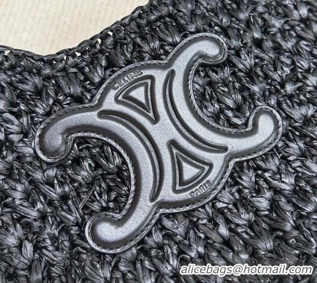 Original Cheap Celine Classic Panier Hobo bag in Raffia Straw and Calfskin 112772 Black 2025