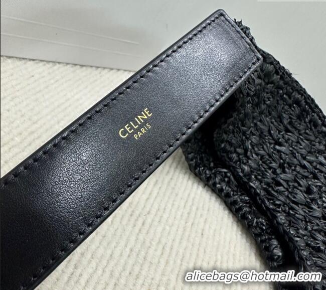 Original Cheap Celine Classic Panier Hobo bag in Raffia Straw and Calfskin 112772 Black 2025