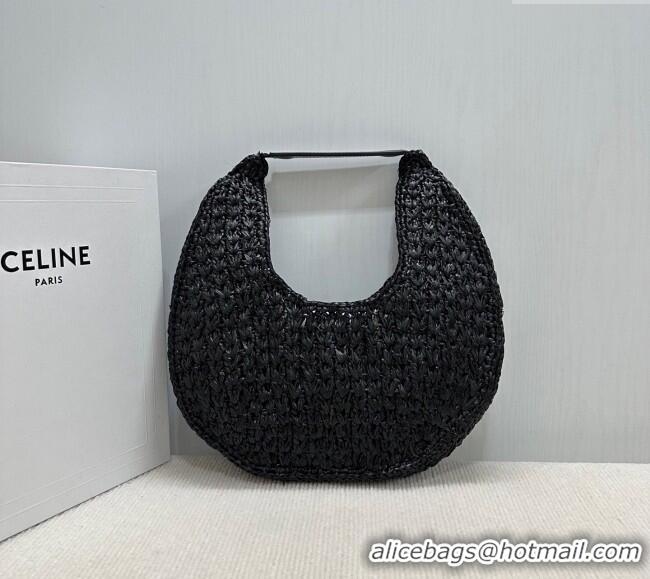 Original Cheap Celine Classic Panier Hobo bag in Raffia Straw and Calfskin 112772 Black 2025