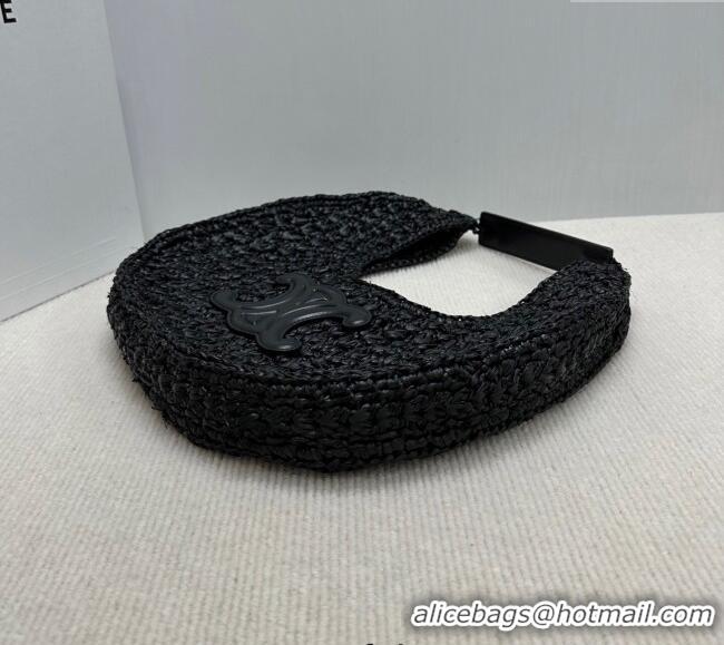 Original Cheap Celine Classic Panier Hobo bag in Raffia Straw and Calfskin 112772 Black 2025