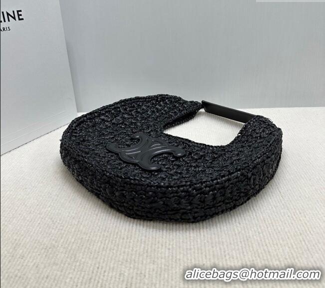 Original Cheap Celine Classic Panier Hobo bag in Raffia Straw and Calfskin 112772 Black 2025