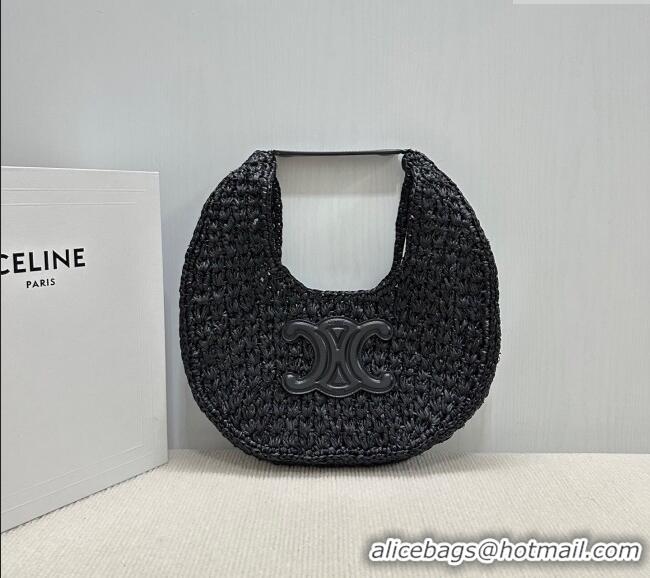 Original Cheap Celine Classic Panier Hobo bag in Raffia Straw and Calfskin 112772 Black 2025