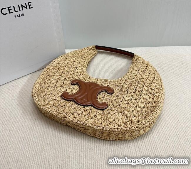 Spot Bulk Celine Classic Panier Hobo bag in Raffia Straw and Calfskin 112772 Beige/Brown 2025