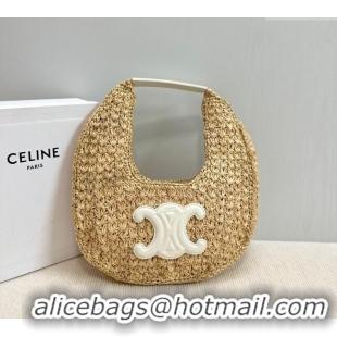 Inexpensive Celine Classic Panier Hobo bag in Raffia Straw and Calfskin 112772 Beige/White 2025
