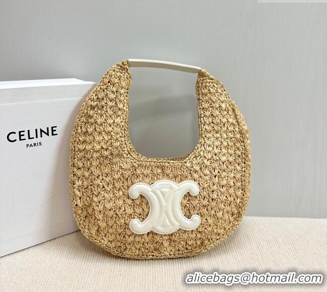 Inexpensive Celine Classic Panier Hobo bag in Raffia Straw and Calfskin 112772 Beige/White 2025