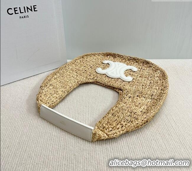 Inexpensive Celine Classic Panier Hobo bag in Raffia Straw and Calfskin 112772 Beige/White 2025