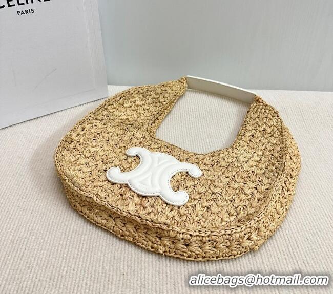 Inexpensive Celine Classic Panier Hobo bag in Raffia Straw and Calfskin 112772 Beige/White 2025