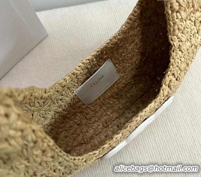 Inexpensive Celine Classic Panier Hobo bag in Raffia Straw and Calfskin 112772 Beige/White 2025