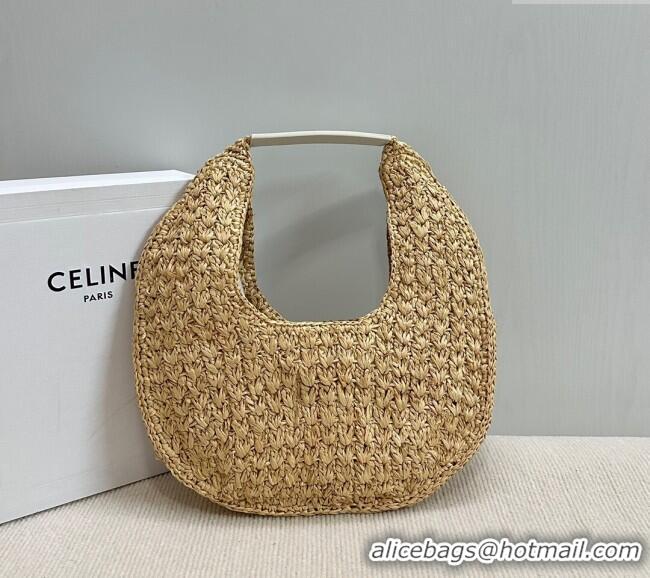 Inexpensive Celine Classic Panier Hobo bag in Raffia Straw and Calfskin 112772 Beige/White 2025