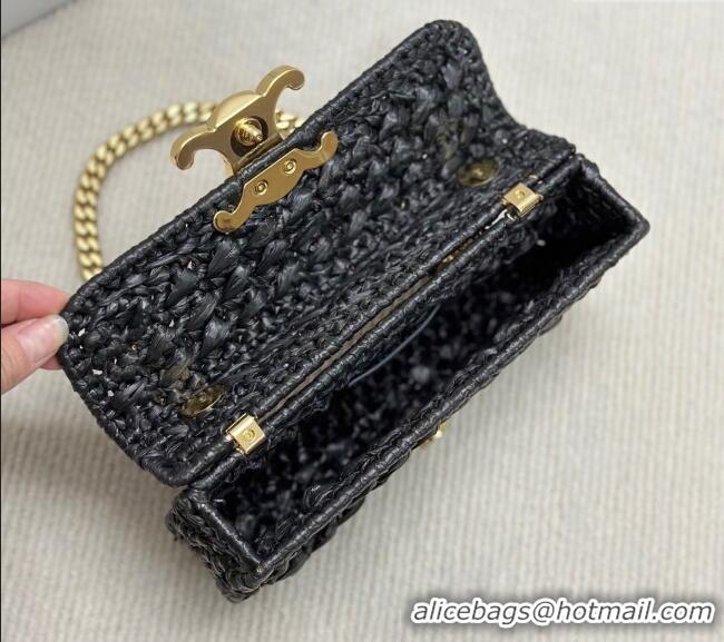 Grade Quality Celine Chain Shoulder bag in Raffia Straw Effect Textile 112252 Black 2025