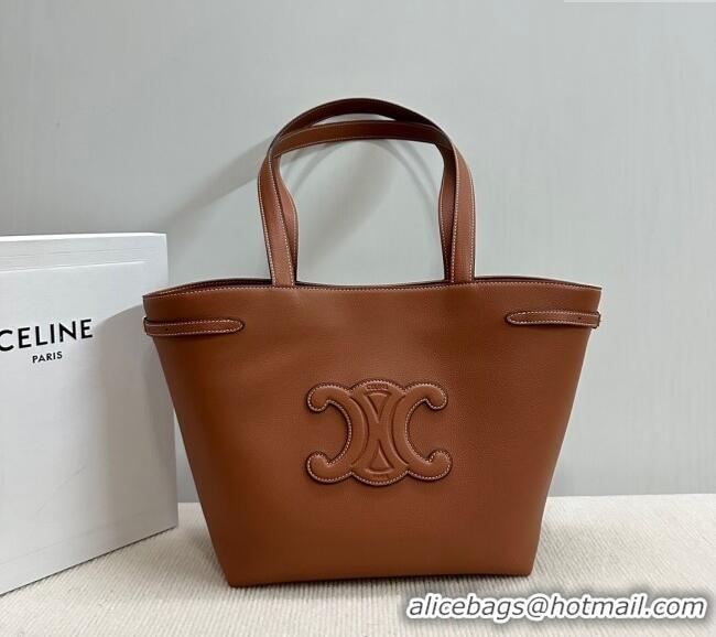 Luxury Cheap Celine Small Cabas Anais Cuir Triomphe Tote Bag in Grained Calfskin 118233 Tan Brown 2025