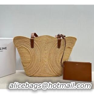 Top Quality Celine Classic Panier Medium Braided Basket bag Triomphe in Raffia Straw and Calfskin 116982 Beige 2025
