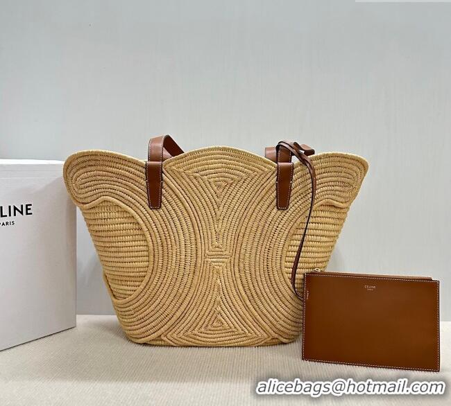 Top Quality Celine Classic Panier Medium Braided Basket bag Triomphe in Raffia Straw and Calfskin 116982 Beige 2025