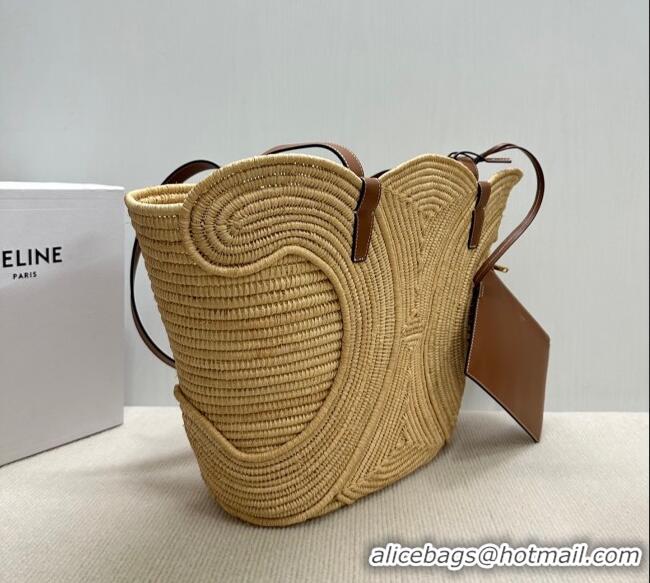 Top Quality Celine Classic Panier Medium Braided Basket bag Triomphe in Raffia Straw and Calfskin 116982 Beige 2025