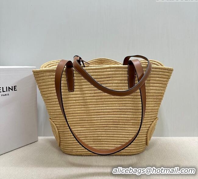 Top Quality Celine Classic Panier Medium Braided Basket bag Triomphe in Raffia Straw and Calfskin 116982 Beige 2025