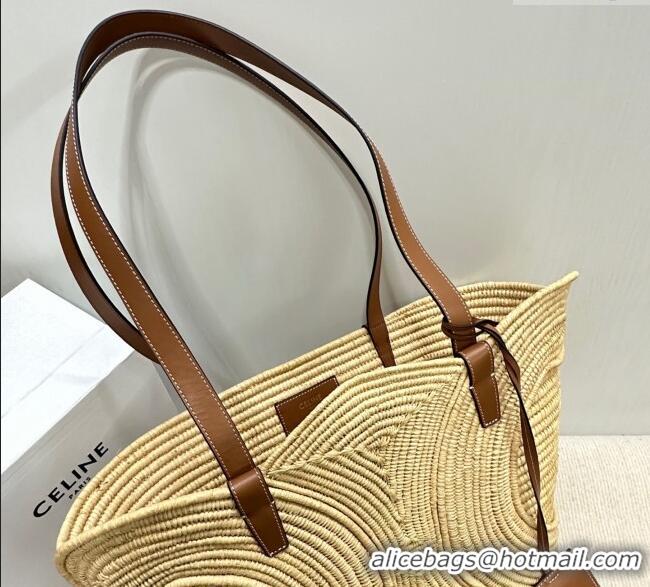 Top Quality Celine Classic Panier Medium Braided Basket bag Triomphe in Raffia Straw and Calfskin 116982 Beige 2025