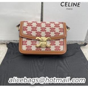 Top Grade Celine Teen Triomphe Bag in Triomphe Embroidery Canvas & Calfskin 188423 Brown/Red 2025
