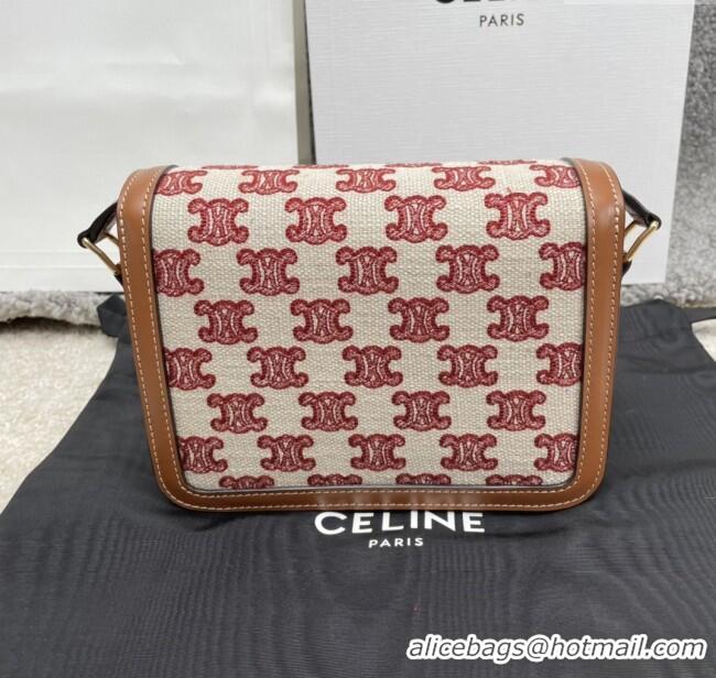 Top Grade Celine Teen Triomphe Bag in Triomphe Embroidery Canvas & Calfskin 188423 Brown/Red 2025