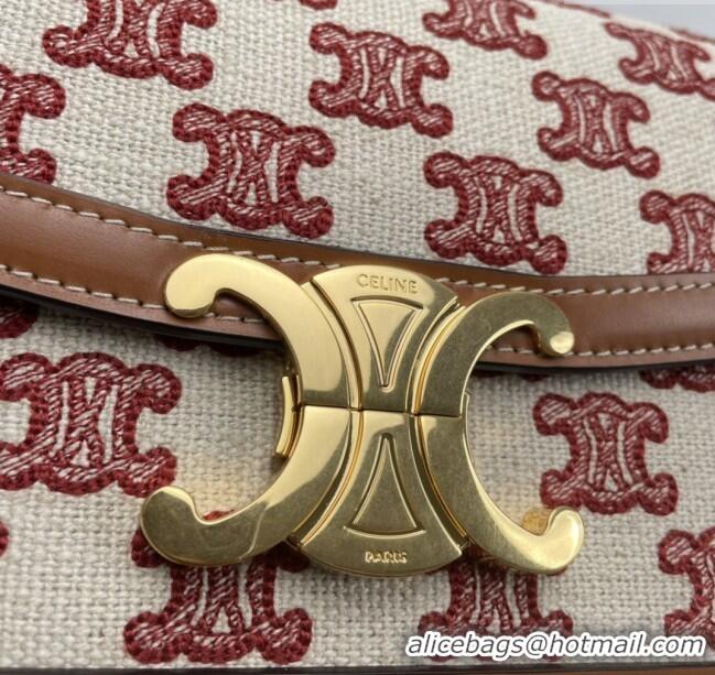 Top Grade Celine Teen Triomphe Bag in Triomphe Embroidery Canvas & Calfskin 188423 Brown/Red 2025