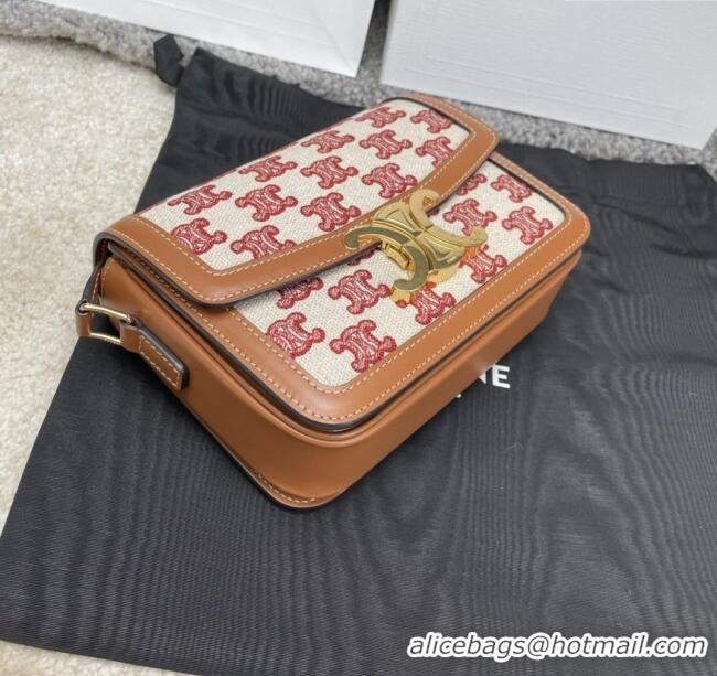 Top Grade Celine Teen Triomphe Bag in Triomphe Embroidery Canvas & Calfskin 188423 Brown/Red 2025