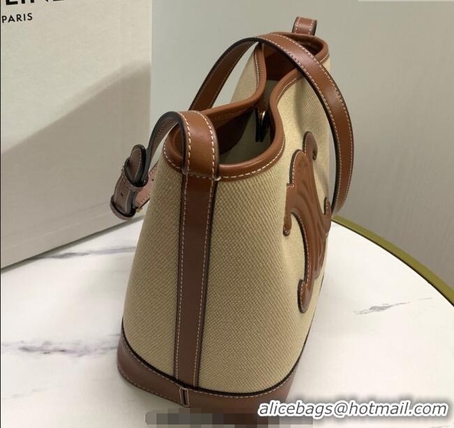 Top Design Celine Small Bucket Cuir Triomphe Bag in Textile and Calfskin 198242 Beige/Brown 2025