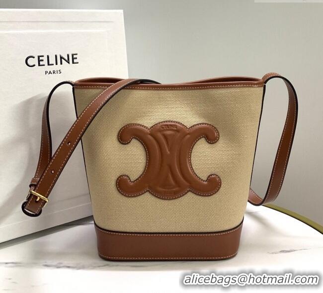 Top Design Celine Small Bucket Cuir Triomphe Bag in Textile and Calfskin 198242 Beige/Brown 2025