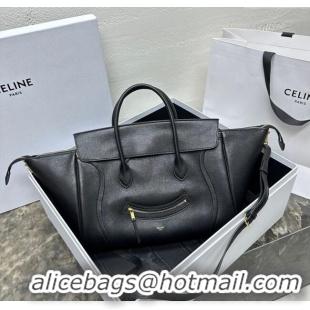 Super Quality Celine Medium New Luggage Top Handle Bag in Supple Shiny Lambskin Leather 123693 Black 2025