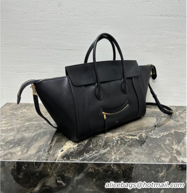 Super Quality Celine Medium New Luggage Top Handle Bag in Supple Shiny Lambskin Leather 123693 Black 2025