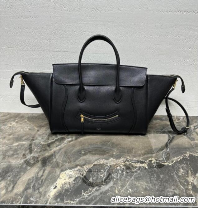 Super Quality Celine Medium New Luggage Top Handle Bag in Supple Shiny Lambskin Leather 123693 Black 2025