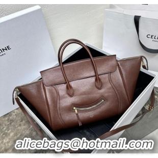 Super Quality Celine Medium New Luggage Top Handle Bag in Supple Shiny Lambskin Leather 123693 Dark Brown 2025