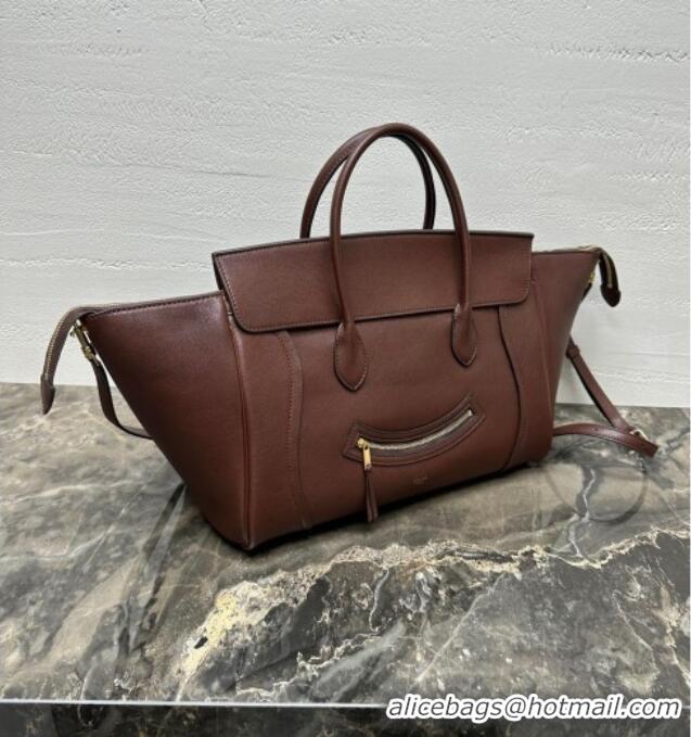 Super Quality Celine Medium New Luggage Top Handle Bag in Supple Shiny Lambskin Leather 123693 Dark Brown 2025