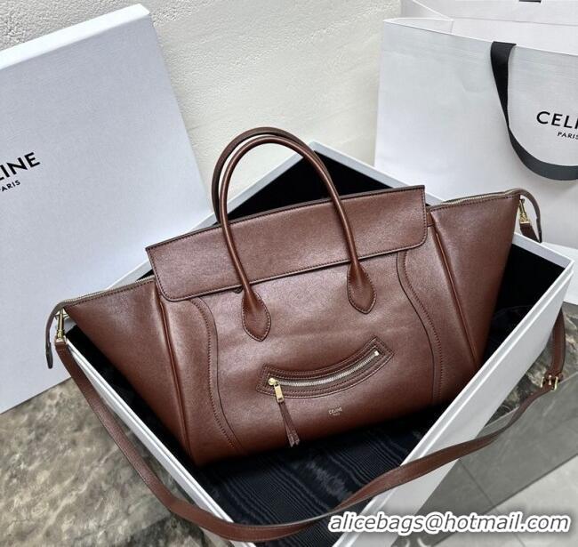 Super Quality Celine Medium New Luggage Top Handle Bag in Supple Shiny Lambskin Leather 123693 Dark Brown 2025