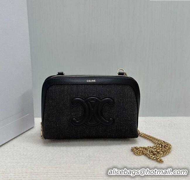 Promotional Celine Clutch On Chain Mini Bag in Triomphe Denim and Lambskin 10E382 Black 2025