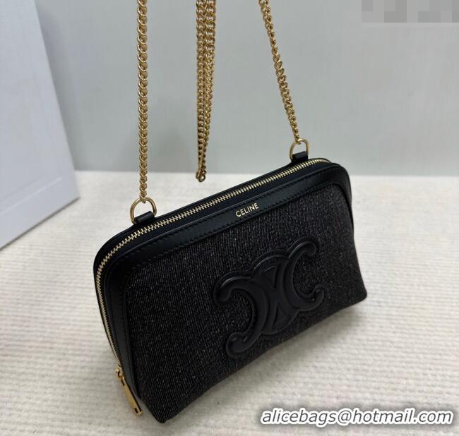 Promotional Celine Clutch On Chain Mini Bag in Triomphe Denim and Lambskin 10E382 Black 2025