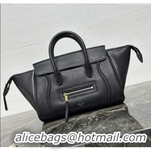 Luxury Cheap Celine Small New Luggage in Supple Shiny Lambskin 124213 Black 2025