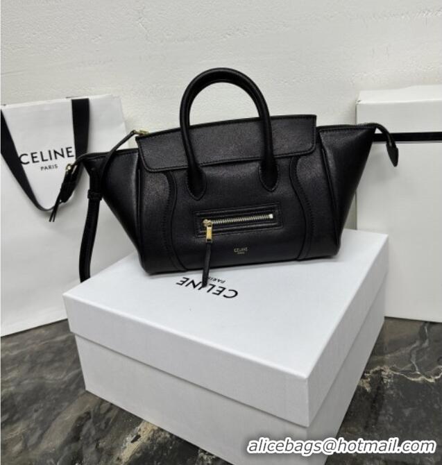 Luxury Cheap Celine Small New Luggage in Supple Shiny Lambskin 124213 Black 2025