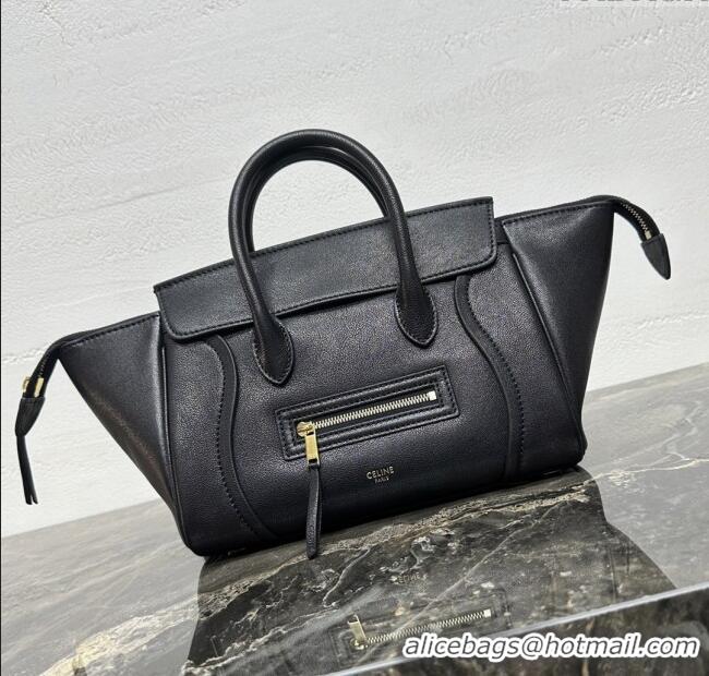 Luxury Cheap Celine Small New Luggage in Supple Shiny Lambskin 124213 Black 2025