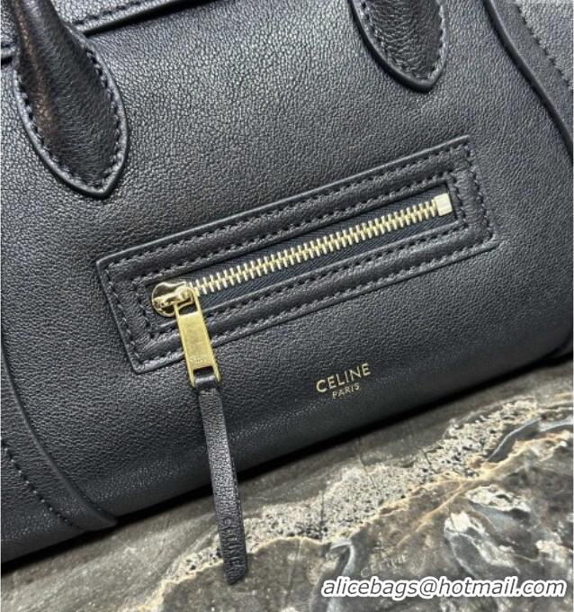 Luxury Cheap Celine Small New Luggage in Supple Shiny Lambskin 124213 Black 2025